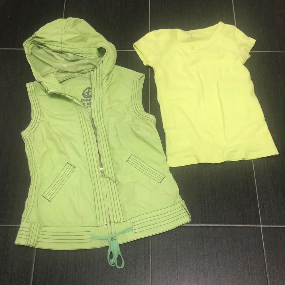 Lime green 100% Cotton cargo vest and approx similar colored XS gap cotton tee